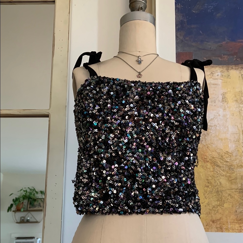 Free People Sequin Embellished Black Top